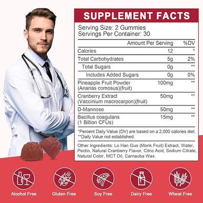 Feminine Balance Gummies for Women - Vaginal Health, pH Balance Support, Pineapple Probiotics Gummies for Women with Cranberry Extract and D-Mannose, Sugar Free, Vegan, Cranberry Flavor - 60Ct (2pack)