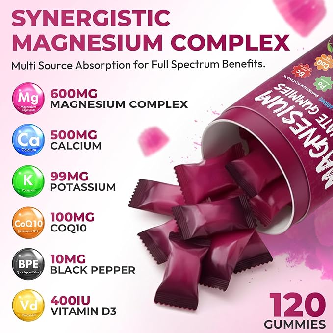 Magnesium Glycinate Gummies 600mg – High Absorption Pure Magnesium Glycinate Complex for Women & Men Support Sleep, Stress & Muscle, Sugar Free, Vegan & Non-GMO – Cherry, 120 Count