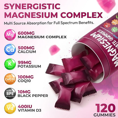 Magnesium Glycinate Gummies 600mg – High Absorption Pure Magnesium Glycinate Complex for Women & Men Support Sleep, Stress & Muscle, Sugar Free, Vegan & Non-GMO – Cherry, 120 Count