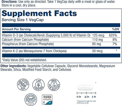 SOLARAY Vitamin D3 K2 - Bone Health and Immune Support Supplement - With 5000 IU Vitamin D as Vit D3 and 50 mcg Vitamin K2 as Menoquinone MK7, Made Without Soy, 60-Day Guarantee, 120 Serv, 120 VegCaps