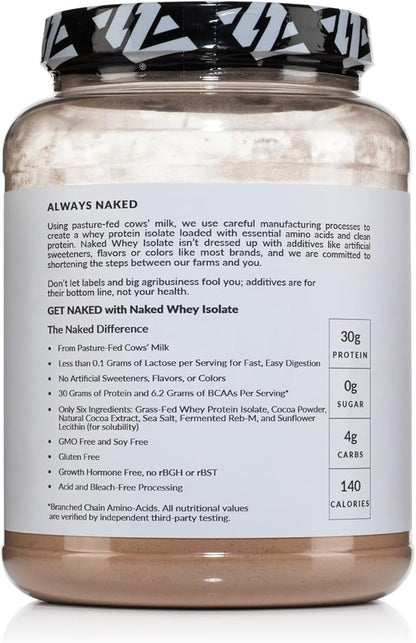 NAKED Chocolate Whey Isolate Protein - Only 6 Ingredients, 30g Grass-Fed Protein, Undenatured, No GMO, No Soy, Gluten-Free, No Preservatives - 24 Servings