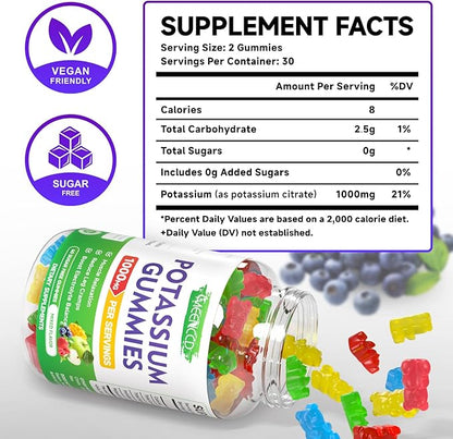 Potassium Citrate Gummies, High Potency Potassium Supplement for Adults Women & Men, Support Leg Cramps & Muscle Health, Sugar-Free, Mixfed Fruit Flavor, 60 Count