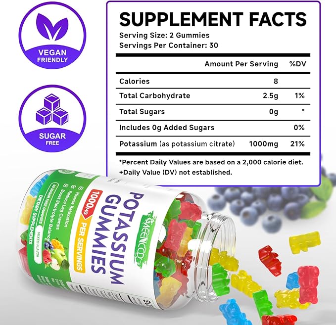 Potassium Citrate Gummies, High Potency Potassium Supplement Gummies for Adults Women & Men, Support Leg Cramps & Muscle Health, Sugar-Free, Mixfed Fruit Flavor, 120 Count