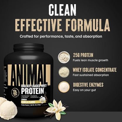 Animal Whey Isolate Protein Powder - Loaded for Pre & Post Workout Muscle Builder and Recovery with Digestive Enzymes for Men & Women - 25g Protein, Great Taste, Low Sugar - Vanilla 4 lbs
