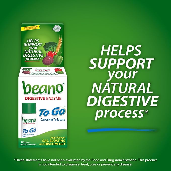Beano To-Go Digestive Enzyme Tablets, Food Enzyme Dietary Supplement for Gas Prevention and Bloating Relief When Eating Hard-To-Digest Foods, 12 Tablets