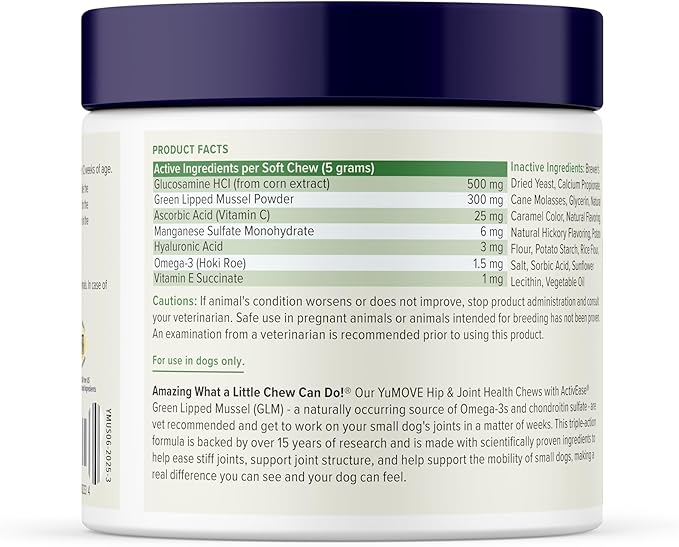 YuMOVE Hip & Joint Supplement for Dogs - with Glucosamine Chondroiton, Green Lipped Mussel, Hyaluronic Acid, and Omega 3 Joint Supplement for Stiffness and Mobility - 60 Chews (Small/Medium Dogs)