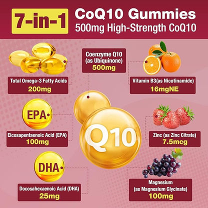 CoQ10 Gummies - 500mg per Serving with Omega-3 (EPA & DHA), B3 & Zinc - Supports Immunity & Energy - Delicious Orange Flavor - Non-GMO, Gluten-Free - 60 Count