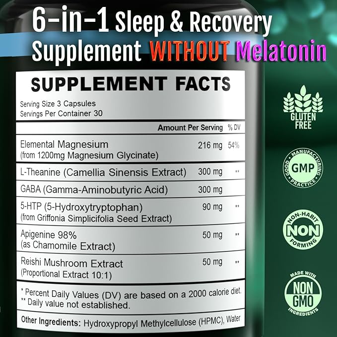 Natural Sleep Aid Supplement for Adults Without Melatonin - Non-Habit Forming Herbal Sleep - GABA, L-Theanine, Reishi Mushroom, Apigenin, Magnesium Glycinate, 5-HTP - 90 Vegan Capsules