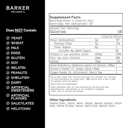 Barker Wellness Immunity Gummies with Vitamin C, Zinc, Elderberry, Turmeric & Ginger for Daily Immune Support | Vegan, Sugar-Free, Lemon-Lime Flavor | Seasonal Wellness Essentials, 60 Count