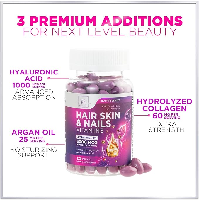 Hair Vitamins for Women for Hair Growth - Argan-Infused Supplement with Collagen, Biotin and Hyaluronic Acid - Supports Faster Hair Growth, Skin & Nails Beauty Vitamins, Bottled in USA - 120 Softgels