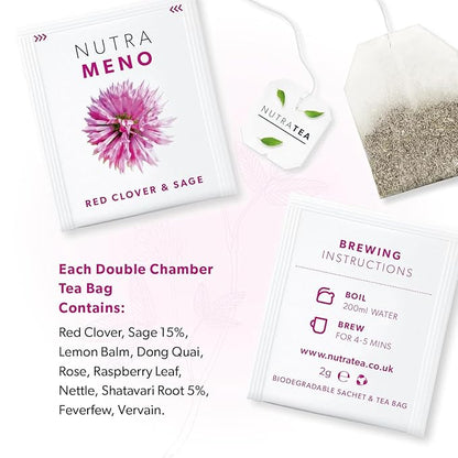 Nutra Tea NutraMeno - Menopause Tea, Red Clover Tea - Perimenopause & Menopause Relief For Women - Includes Red Clover, Sage & Rose - 60 Individually Wrapped Bags - Herbal Infusion (3 Pack)