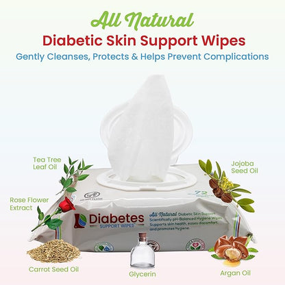 Diabetes Support Wipes® - All-Natural pH-Specific Foot & Body Wipes for Diabetics, Soothes Dry, Itchy & Irritated Skin, Relieves Neuropathy Pain, Supports Healing, Helps Prevent Complications - 72ct