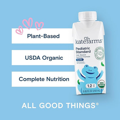 KATE FARMS Organic Plant Based Pediatric 1.2 Sole Source Vanilla Nutrition Shake,12g of protein,27 Vitamins and Minerals,Meal Replacement Drink for Kids,Non-GMO,8.45 Fl oz,(Pack of 24)