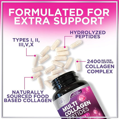Multi Collagen Peptides Complex - Advanced Hydrolyzed Collagen Supplement Pills with Type I, II, III, V & X - Hair, Skin, Nail & Joint Support Supplement for Women & Men - USA Bottled - 60 Capsules
