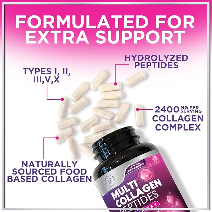 Multi Collagen Peptides Complex - Advanced Hydrolyzed Collagen Supplement Pills with Type I, II, III, V & X - Hair, Skin, Nail & Joint Support Supplement for Women & Men - USA Bottled - 120 Capsules