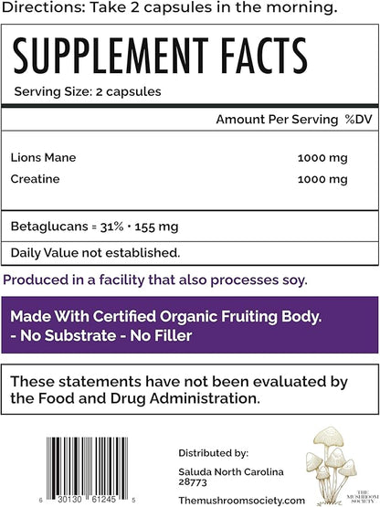 Lion’s Mane Extra Supplement - 1000 mg Lion’s Mane + 1000 mg Creatine – Mental & Physical Energy, Clarity & Performance - 60 Vegan Capsules