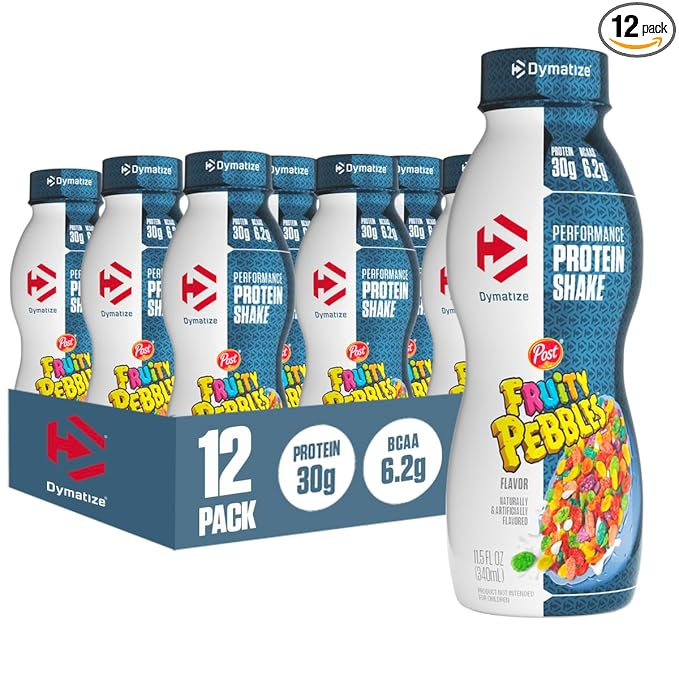 Dymatize Performance Protein Shake, Fruity Pebbles, 30g Protein, 6.2g BCAA for Muscle Recovery, No Added Sugar, Low Fat, 24 Vitamins and Minerals, Gluten-Free, Ready to Drink, On-the-Go Snack, 11.5fl oz, 12 pack