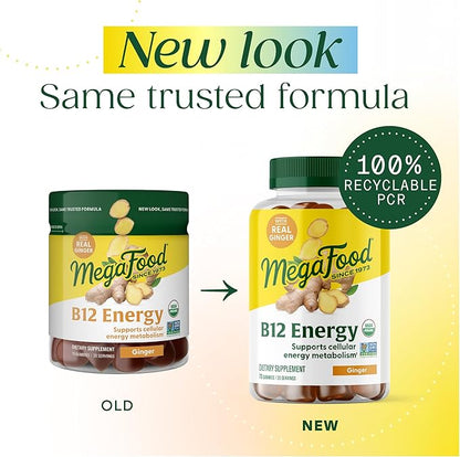 MegaFood Vitamin B12 Energy Gummies - Vegan - With Methyl B12 Vitamins to Support Cellular Energy Production - Ginger - Daily Vitamin B12 Supplement - USDA Organic - 70 Gummies, 35 Servings