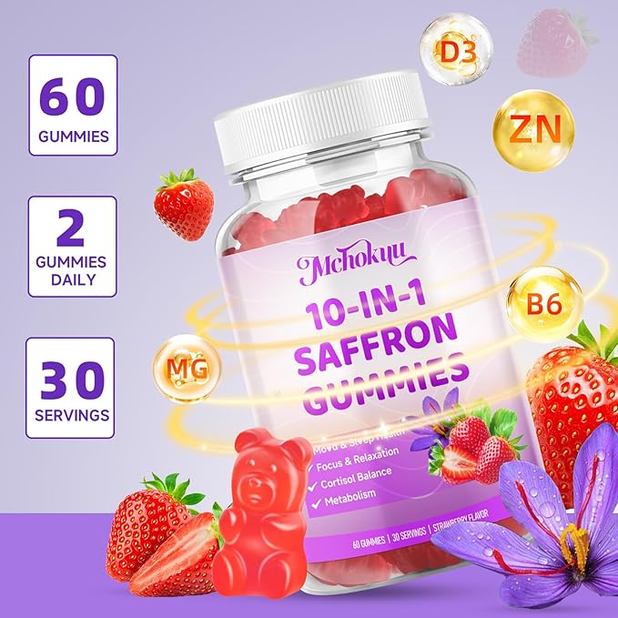 Saffron Supplements Gummies for Kids & Adults Vision, Zzz, Focus & Cortisol with Ashwagandha, L-Theanine, Rhodiola Rosea, St.John's Wort, Lemon Balm, Vitamin D3, B6, Magnesium & Zinc, Strawberry, 120