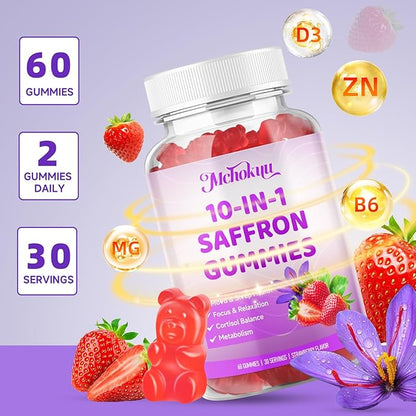Saffron Supplements Gummies for Kids & Adults Vision, Zzz, Focus & Cortisol with Ashwagandha, L-Theanine, Rhodiola Rosea, St.John's Wort, Lemon Balm, Vitamin D3, B6, Magnesium & Zinc, Strawberry, 120