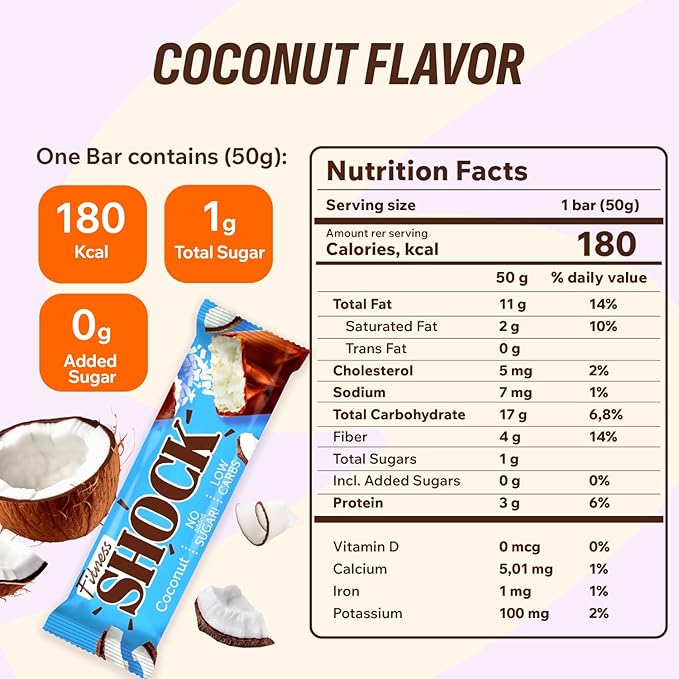 Fitness SHOCK Protein Bars Variety Pack - No Added Sugar, Low Calorie Low Carb Snack - Peanut Salted Caramel, Hazelnut Caramel, Coconut - 180 Kcal, 0g Added Sugar, 8g Fat, 13g Net Carbs - 12 x 50g