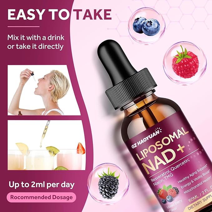 Liposomal NAD Supplement - 1200mg NAD+ Liquid Drops for Women & Men with Nicotinamide, Resveratrol, Quercetin, TMG, Black Pepper Extract - Brain & Cellular Mitochondrial Health, Anti-Aging, Longevity