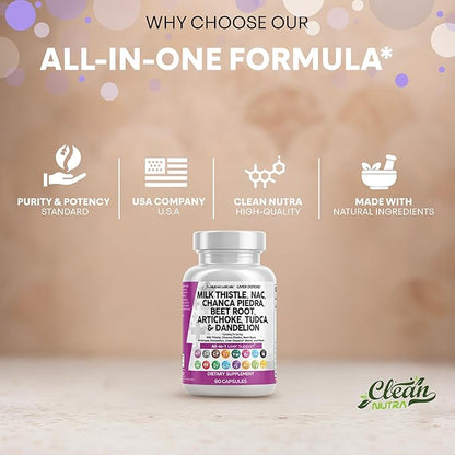 Clean Nutraceuticals Milk Thistle NAC Chanca Piedra Beet Root Artichoke Astragalus Dandelion Root - Liver Cleanse Supplement Plus TUDCA Choline & Ginger - 2Pack