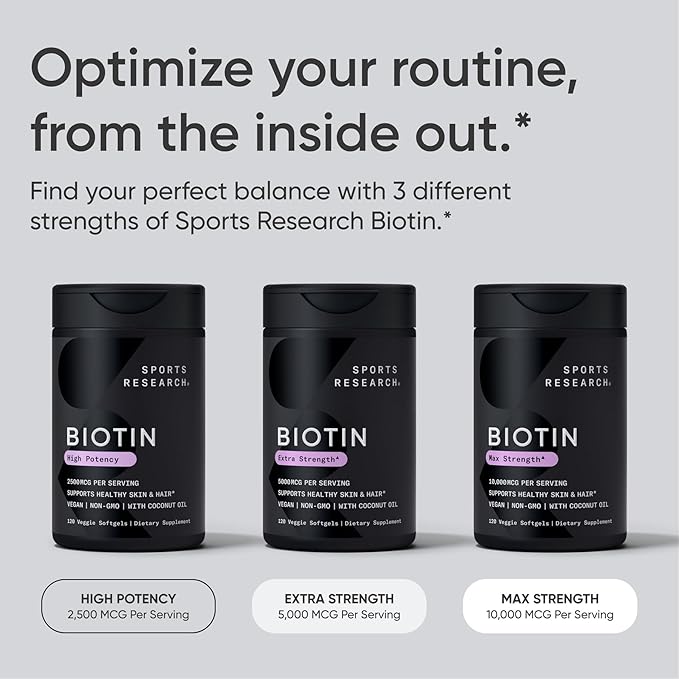 Sports Research® Biotin 10,000mcg with Organic Coconut Oil - Biotin (Vitamin B7) for Healthy Skin and Hair Support* - for Women and Men - Vegan, Non-GMO, Gluten & Soy-Free - 30 Veggie Softgels