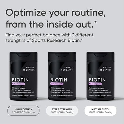 Sports Research® Biotin 10,000mcg with Organic Coconut Oil - Biotin (Vitamin B7) for Healthy Skin and Hair Support* - for Women and Men - Vegan, Non-GMO, Gluten & Soy-Free - 120 Veggie Softgels