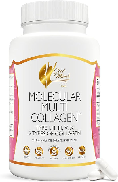 Cocó March N.M.D. Molecular Multi-Collagen - Types I, II, III, V & X – Hair, Skin, Nails & Joint Support for Women & Men – Low Molecular Weight Collagen, Gluten Free, Dairy Free, Soy Free, 90 Capsules