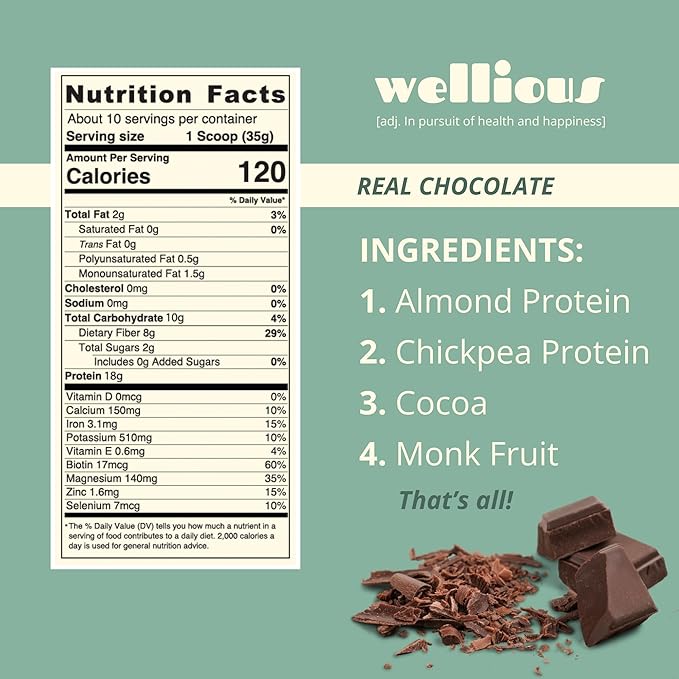 wellious Almond Protein Powder (Chocolate) - 18 Grams of Pure Healthiest Vegan Protein for Women & Men - Perfect Soy-Free & Smooth Gut Friendly Protein Powder for Sports Nutrition
