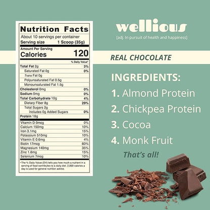 wellious Almond Protein Powder (Chocolate) - 18 Grams of Pure Healthiest Vegan Protein for Women & Men - Perfect Soy-Free & Smooth Gut Friendly Protein Powder for Sports Nutrition