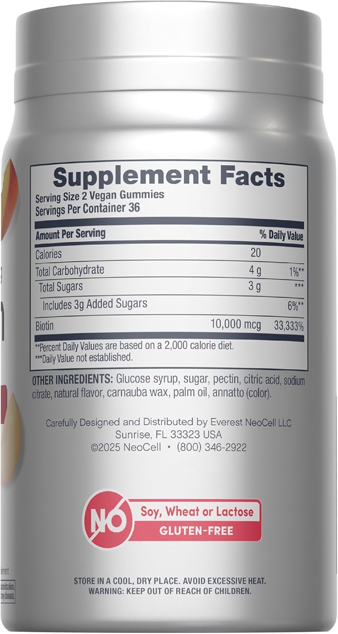 NeoCell biotin 10000mcg Gummies | 72 Count | Beauty Enhancing Supplement | Hair, Skin, and Nails | Peach Flavor