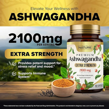 Built by Nature Ashwagandha 2100mg Extra Strength Stress Relief & Mood Support with Black Pepper Extract for Max Absorption - Non-GMO, Vegan, Gluten-Free - 60 Capsules