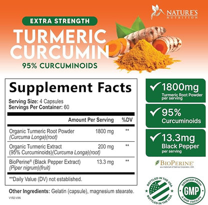 Turmeric Curcumin Supplement - 1800mg Organic Turmeric Per Serving - 95% Curcuminoids & BioPerine Black Pepper Extract for Best Absorption - Natural Vegan Joint Support, Bottled in USA - 240 Capsules