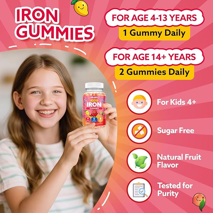 Iron Gummies for Kids & Teens, Kids Multivitamin with Iron Supplement, Calcium, Folate, Zinc, Prebiotic - for Blood Builder & Energy Support, Iron Deficiency - Vegan & Non-GMO - Mango & Peach