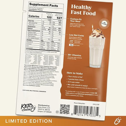 Keto Chow Pecan Sticky Bun | Keto Meal Replacement Shake Powder | Nutritionally Complete Keto Food | Low Carb Keto Meals | Delicious Easy Meal Substitute Drink | Protein Rich You Choose The Fat | Single Meal Sample
