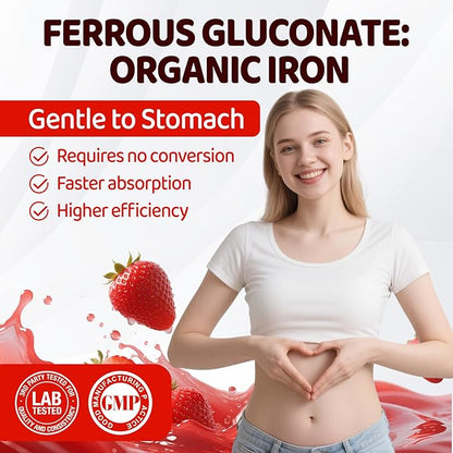 Iron Gummies for Women Teen Girls, Ferrous Gluconate 324 mg with Vitamin C, Iron Supplement Plus Vitamin A, B, Folate, Copper, Zinc, Energy & Blood Support, Immune Health, Sugar Free 60 Gummies