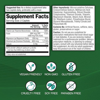 Garlique Garlic Extract Supplement, Healthy Blood Sugar Formula, Blood Sugar Support, 6000 mcg allicin, Odorless & Vegan, 60 Caplets