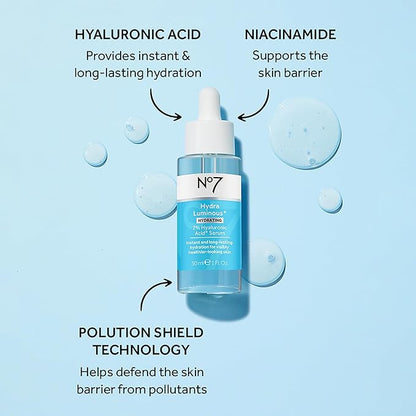 No7 HydraLuminous+ 2% Hyaluronic Acid Serum - Hydrating Facial Serum with 5% Vitamin B3 Niacinamide to Support Skin Barrier Repair - For Visibly Radiant & Healthier-Looking Skin (1 Fl Oz)