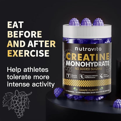 Nutravita Creatine Monohydrate Gummies for Men & Women-5g of Creatine Monohydrate per Serving - Sugar Free,Vegan, Grapes Flavor, 120 Count