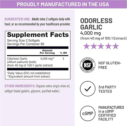 NatureWise Odorless Garlic Supplement 4000mg - Ultra Potent 100:1 Extract - Healthy Cholesterol Formula, Heart Health Support - Non-GMO, Gluten Free, with Halal Gelatin - 180 Count[90-Day Supply]