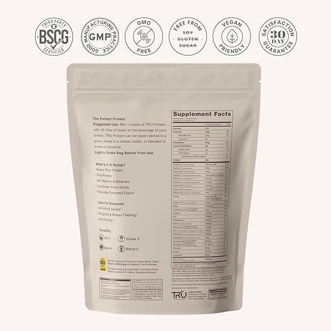 TRU Supplements Plant Based Protein Powder, BCAA, EAA, 20g Vegan Brown Rice & Pea Protein, 100 Calories, 27 Vitamins, No Artificial Flavors 25 Servings (Natural Chocolate Cream)