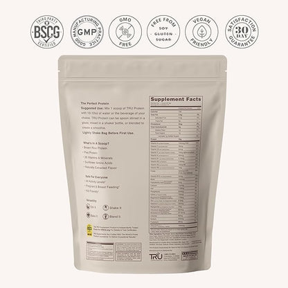 TRU Supplements Plant Based Protein Powder, BCAA, EAA, 20g Vegan Brown Rice & Pea Protein, 100 Calories, 27 Vitamins, No Artificial Flavors 25 Servings (Natural Chocolate Cream)