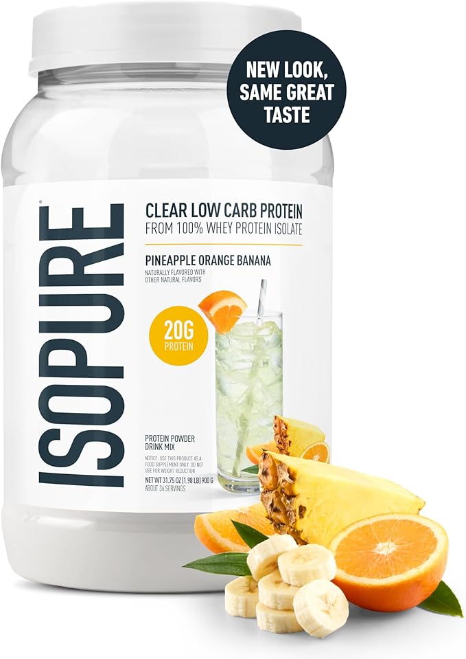 Isopure Clear Whey Isolate Protein Powder, Lactose Free, Gluten Free, Naturally Flavored, Pineapple Orange Banana, 20g Protein Per Serving, 1.9 Lb, 36 Servings (Packaging May Vary)