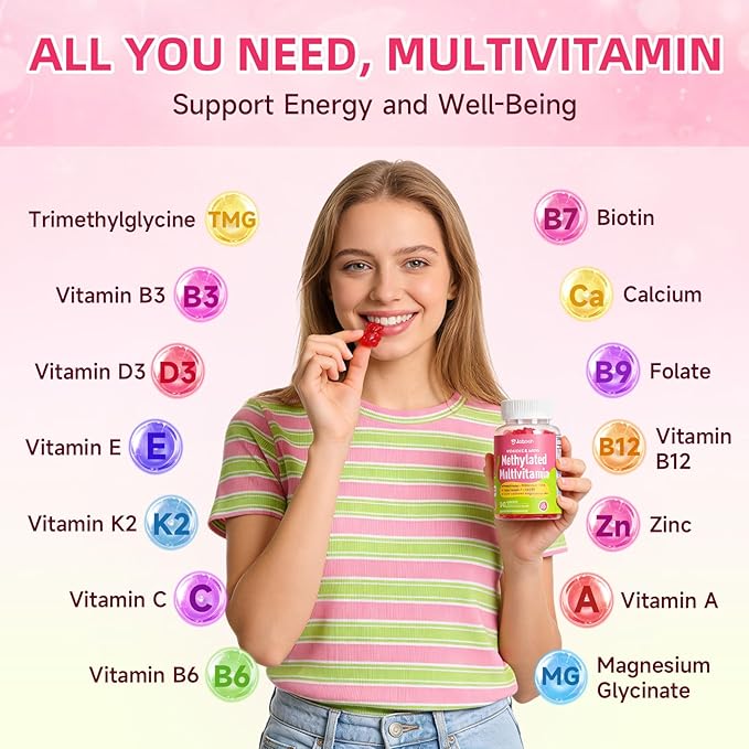 Methylated Vitamin B Complex Gummies for Women & Men, Multivitanins Gummy with Vitamin A, C ,E, Methylfolate & B12, TMG, Calcium, D3 K2, Magnesium & More for Overall Health-Vegan, Sugar Free,120 Cts