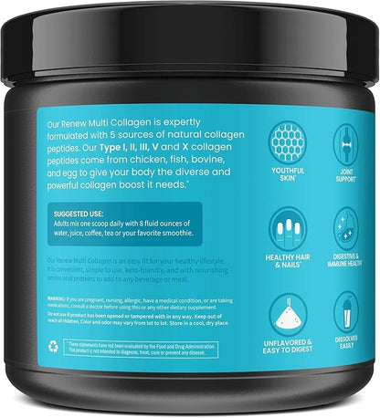 WellPath Multi Collagen Peptides Powder for Women | Renew Multi Collagen Protein for Hair, Nails, Skin | Hydrolyzed Bovine, Marine, & Chicken Sources | Types I, II, III, V, X | 11 oz | 40 Servings