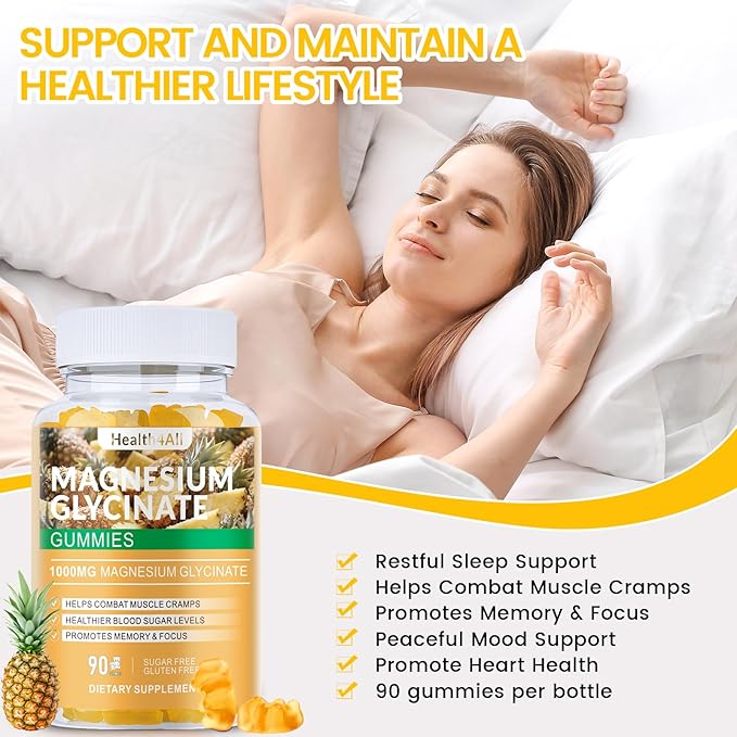 Magnesium Glycinate Gummies 1000mg, High Absorption Sugar Free Magnesium Potassium Supplement for Relaxation, Stress Relief, and Sleep Support for Adults & Kids - 180 Pineapple Gummies