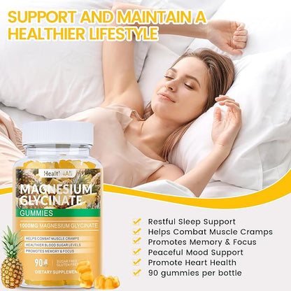 Magnesium Glycinate Gummies 1000mg, High Absorption Sugar Free Magnesium Potassium Supplement for Relaxation, Stress Relief, and Sleep Support for Adults & Kids - 180 Pineapple Gummies