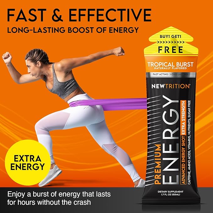 NewTrition® Extra Strength Energy Shots, 1.7 fl oz - 250mg Caffeine with Vitamin B & Amino Acids, Sugar-Free, Zero Calorie Vitamin Energy Drink for Focus & Endurance (Pack of 12, Tropical Burst)